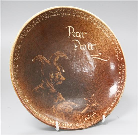 A Studio pottery dish inscribed to the actor Peter Pratt
